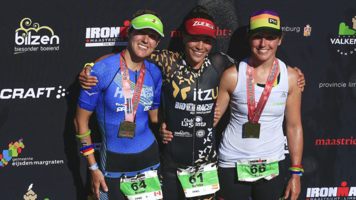 MAASTRICHT, NETHERLANDS - AUGUST 06: Saleta Castro (2ndL) from Spain, Brooke Brown (L) from Canada and Kate Comber (R) from United Kingdom pose for a picture at the top three podium of Ironman Maastricht-Limburg on August 6, 2017 in Maastricht, Netherlands. (Photo by Gonzalo Arroyo Moreno/Getty Images for Ironman)