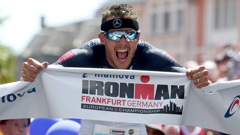 FRANKFURT (ODER), GERMANY - JUNE 30: Jan Frodeno of Germany celebrates winning Ironman Frankfurt on June 30, 2019 in Frankfurt (Oder), Germany. (Photo by Nigel Roddis/Getty Images for IRONMAN)