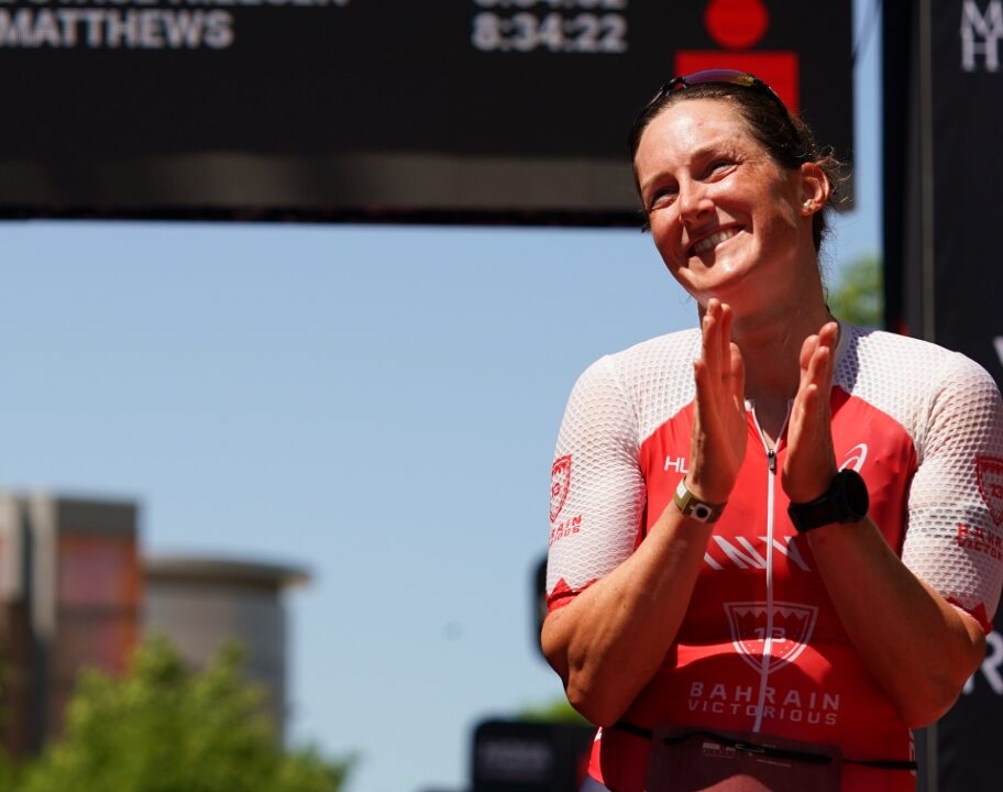Kat Matthews takes the plaudits at IRONMAN Texas 2023 [Photo credit: Kyle Rivas / Getty Images for IRONMAN]