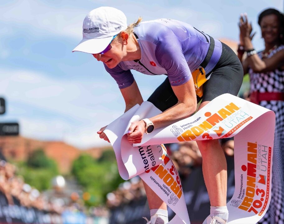 Jeanni Metzler wins IRONMAN 70.3 St George 2023 emotion photo credit Jacob Kupferman / Getty Images for IRONMAN