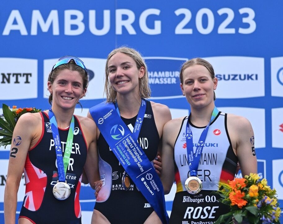 Cassandre Beaugrand Beth Potter Laura Lindemann Hamburg 2023 WTCS podium photo credit World Triathlon