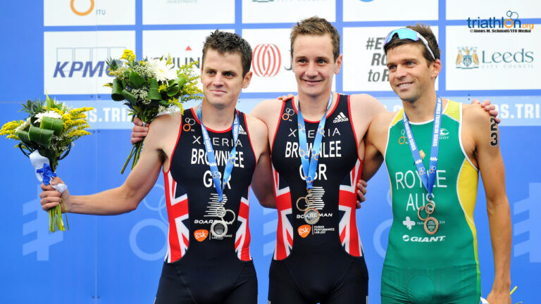 World Triathlon Leeds 2016 podium - Alistair Brownlee, Jonathan Brownlee, Aaron Royle