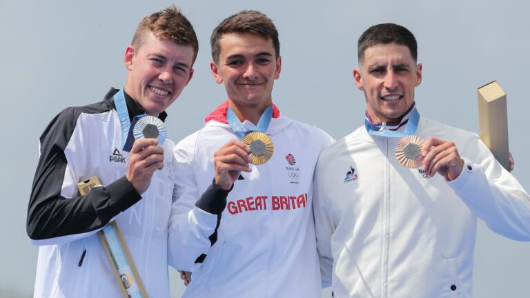 Paris 2024 Olympic Games men's podium - Alex Yee, Hayden Wilde, Leo Bergere