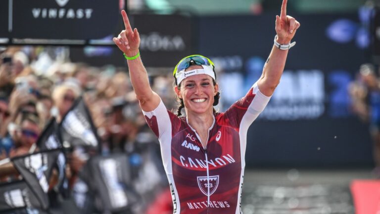 Kat Matthews celebrates second place at the 2024 IRONMAN World Championship