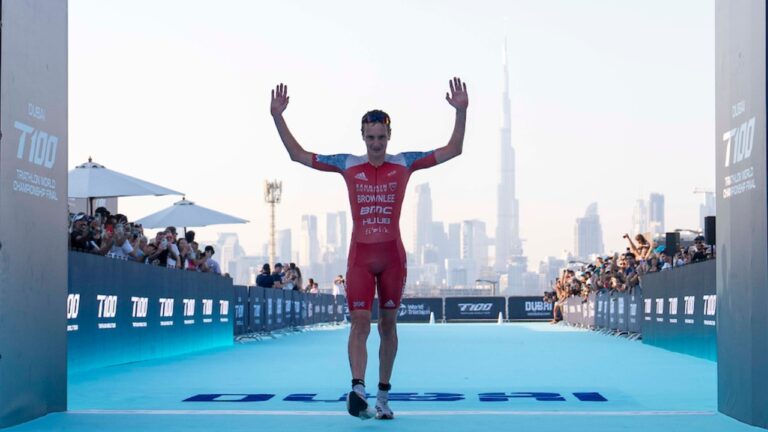 Alastair Brownlee finish arch T100 Dubai 2024 photo credit PTO / T100