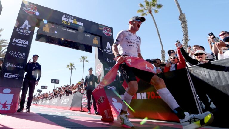 Lionel Sanders IRONMAN 70.3 Oceanside 2025 celebration finish line