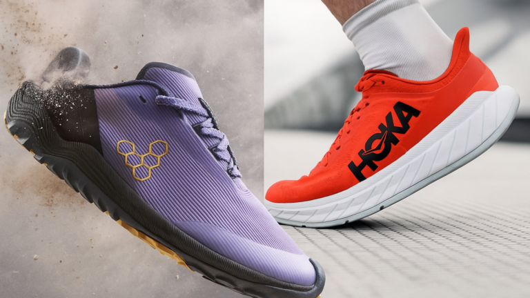 Two running shoes a maximalist and a minimalist one are pitted against each other
